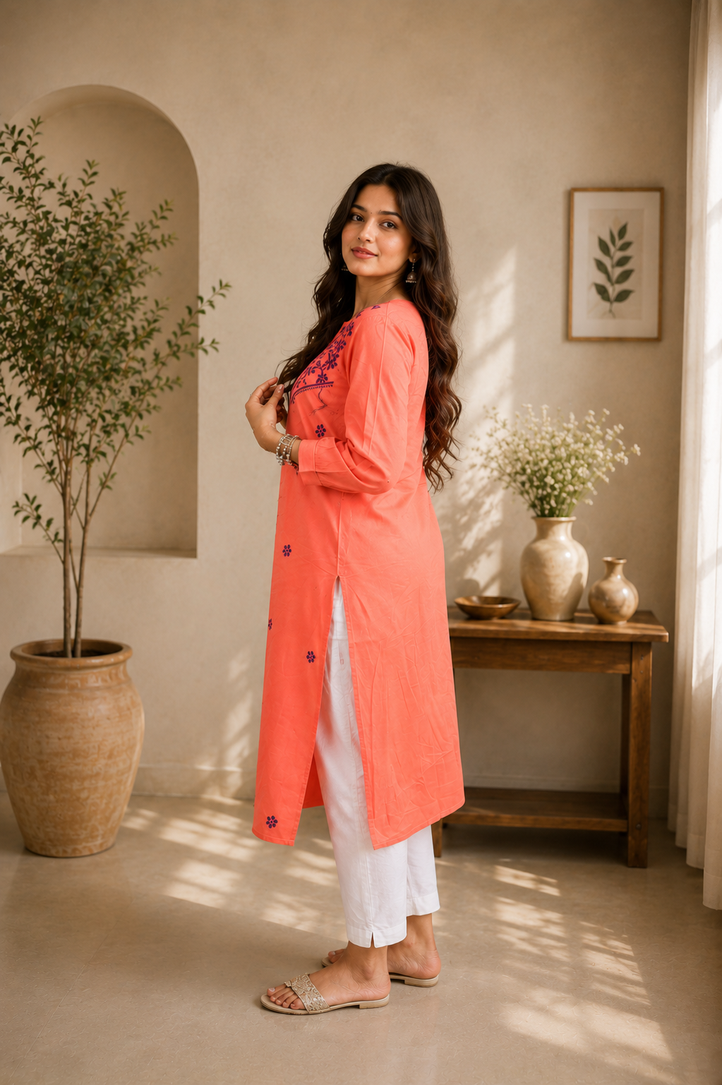 Peach Orange Chikankari Kurta