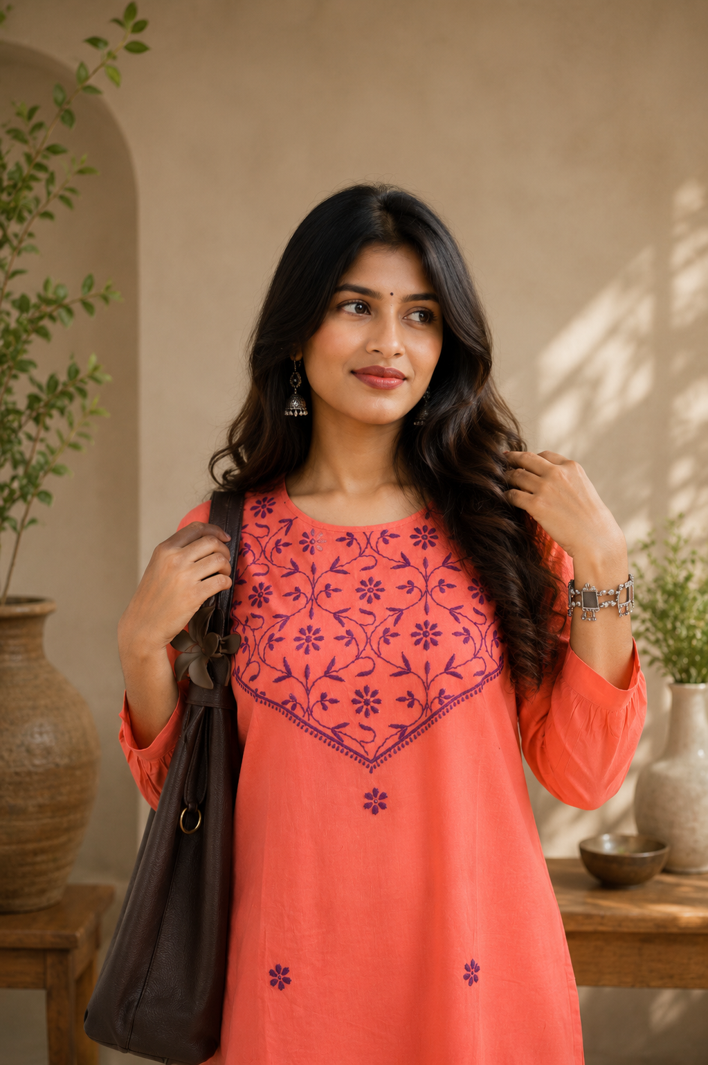Peach Orange Chikankari Kurta