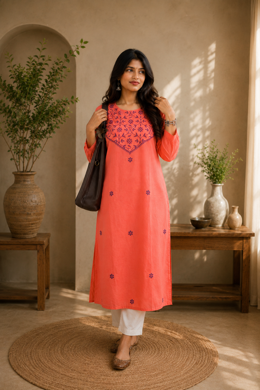 Peach Orange Chikankari Kurta