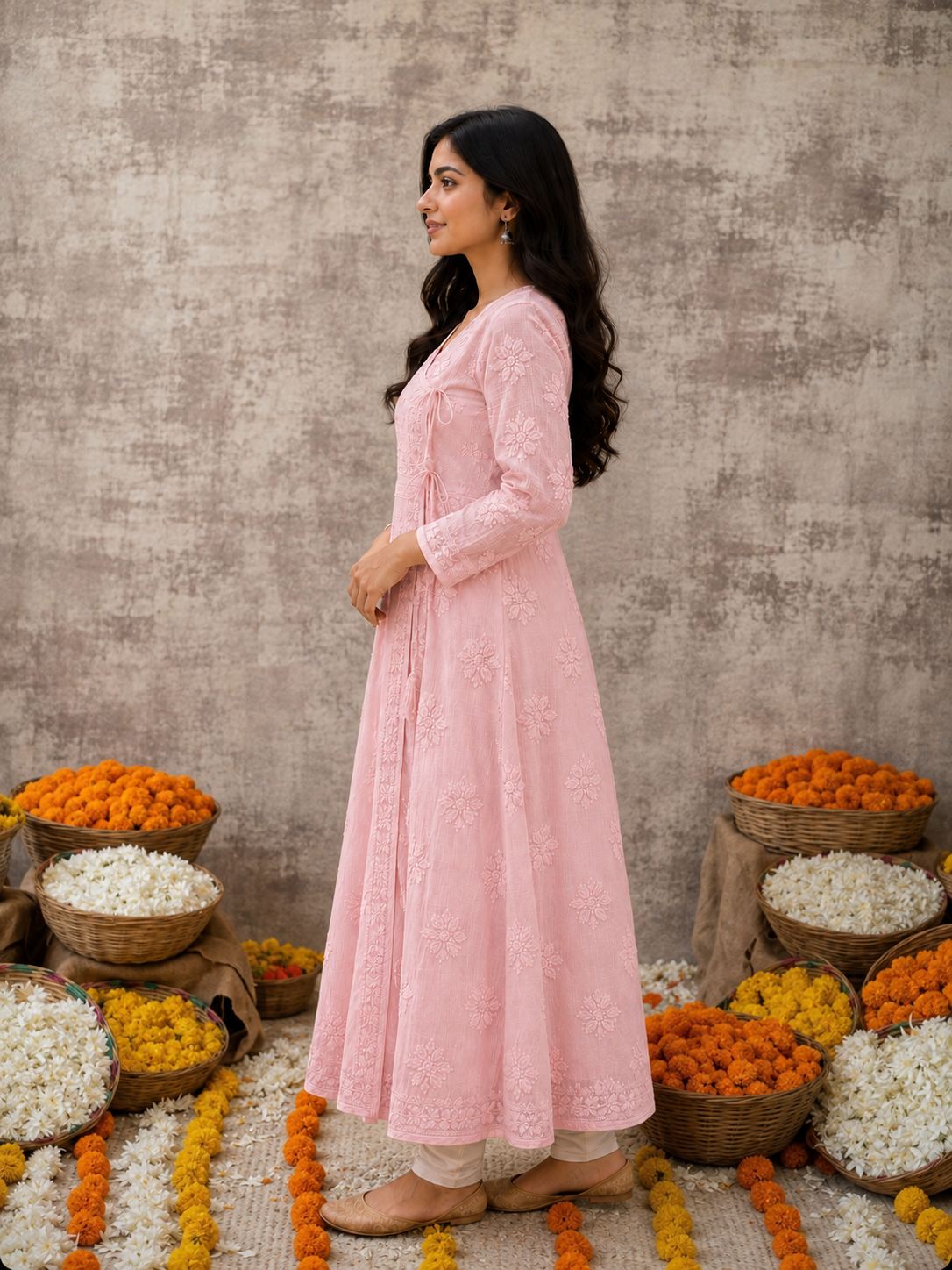 Gulabi Sham Angarkha In Kota Fabric With A Matching Slip