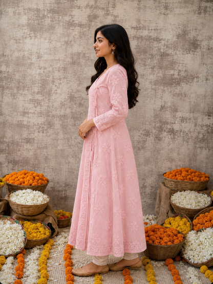 Gulabi Sham Angarkha In Kota Fabric With A Matching Slip