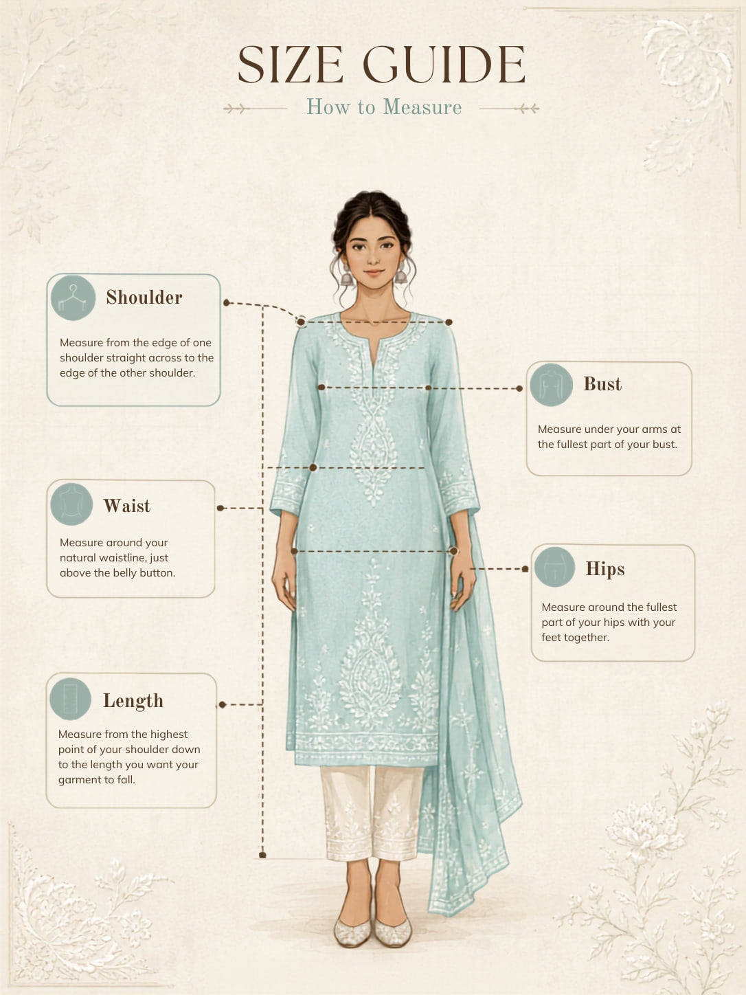 Size guide: how to measure your shoulder, bust, waist, hips and length.